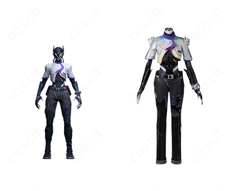 VALORANT ヴァイパーのビジュアルと衣装正面の合成画像。コートのラインや装飾を高精度に再現したフルセットの正面ビュー。