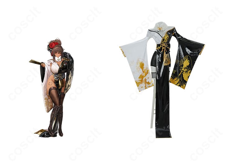 勝利の女神:NIKKE ノワール ブラックラビット衣装の正面とキャラクタービジュアルを並置した画像。配色と装飾の一致が分かる比較カット。