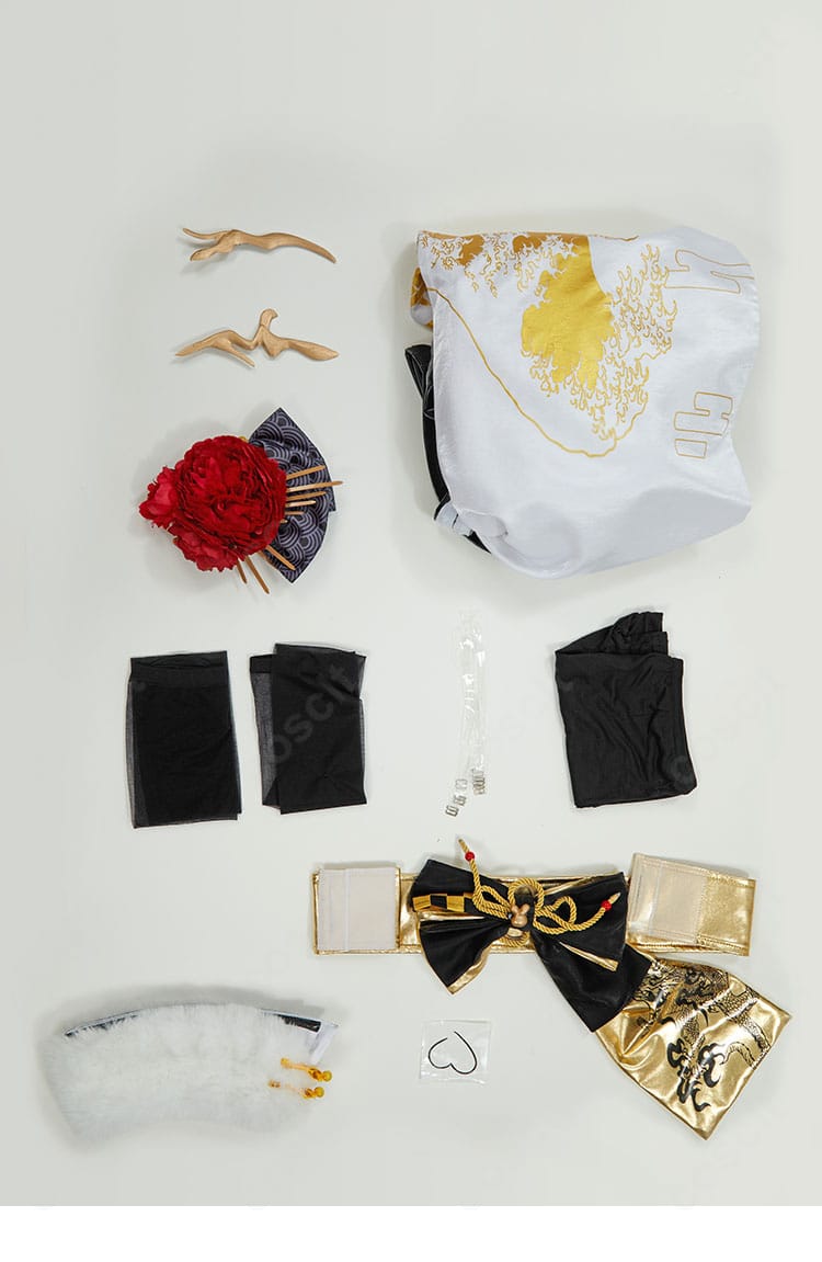 ノワール ブラックラビット衣装の付属アクセサリー一式。トップス、レギンス、コルセット、髪飾り、靴下のセット内容。