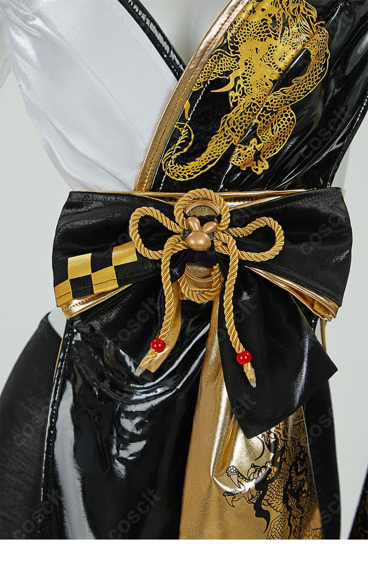 ブラックラビットの腰帯とリボン装飾の詳細。結び目の立体感と装飾の重なりが分かる。