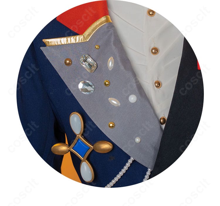 襟（衣領）の装飾ディテール。豪華な縁取りと形状が分かる首周りの近接写真。