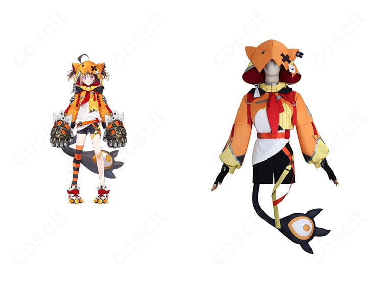 ジジ・ムリンとコスプレ衣装正面を並置したイメージ。コートと装飾の全体感が分かる構図。