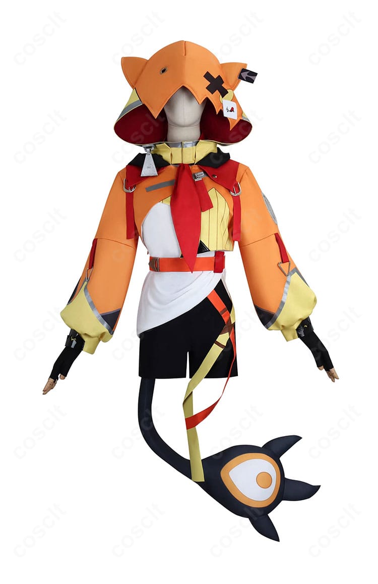 ホロライブ ジジ・ムリンのコスプレ衣装 正面全身。コート、トップス、ショートパンツのシルエットを強調。