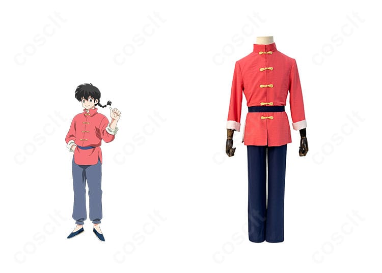 らんま1/2 早乙女乱馬のコスプレ衣装。正面全体とキャラクターポーズを比較できる構図で、シルエットと再現度を示す写真