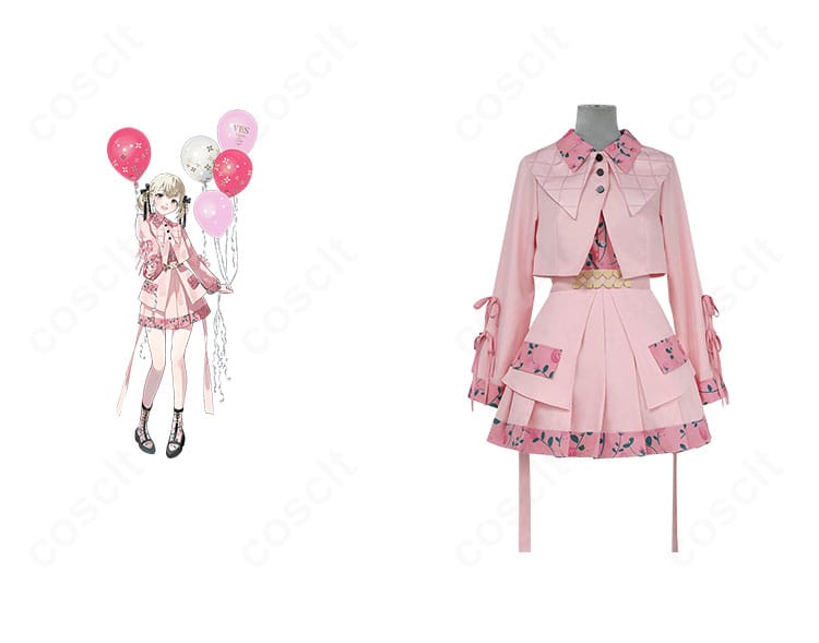 プロジェクトセカイ 小豆沢こはね 4th Anniversary 感謝祭コスプレ衣装の正面全身と着用イメージ。キャラクターらしさを再現したステージ風デザイン。