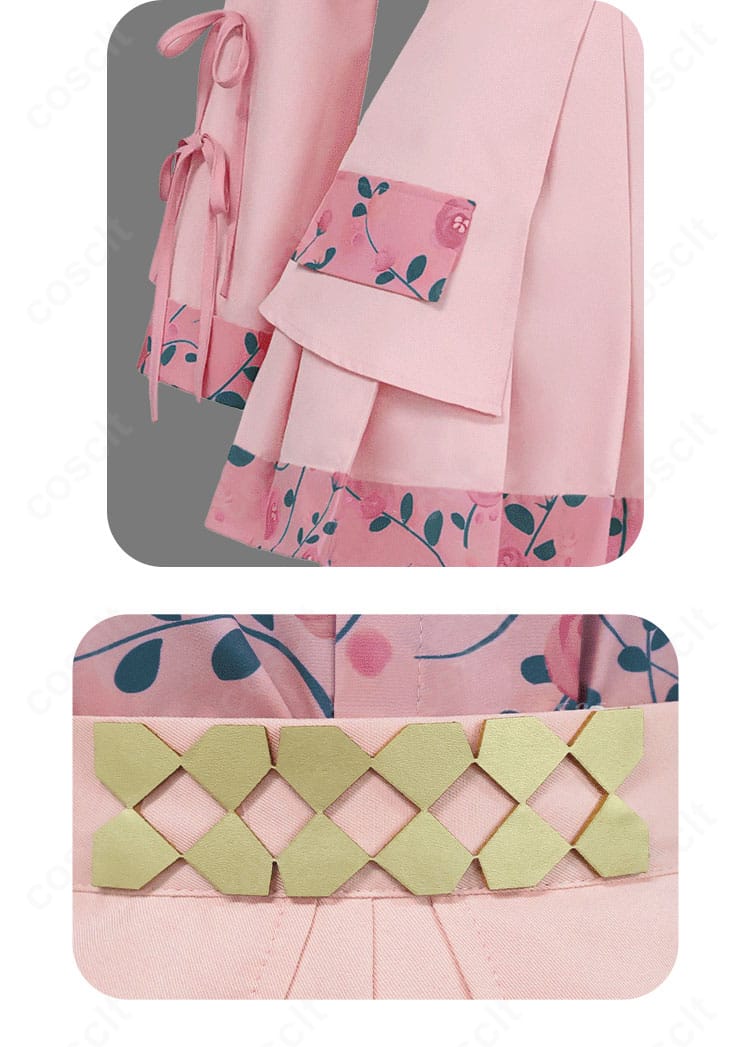 コスプレ衣装の袖口とウエスト付近の装飾ディテール。縁取りと配色のコントラストが写真映え。