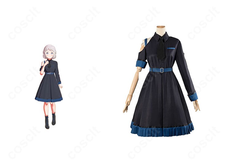 学園アイドルマスター 白線コスプレ衣装の正面とキャラクターイメージを組み合わせた画像。白ラインが映える制服調デザインの全体感がわかります。