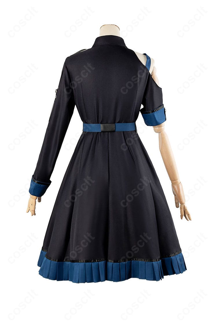 学園アイドルマスター 白線コスプレ衣装の背面画像。背中の切り替えと白ライン、ファスナー開きの構成を示します。