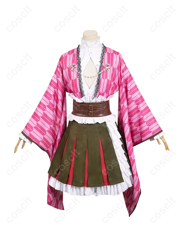 鬼滅の刃 甘露寺蜜璃 コスプレ衣装 正面図。詳細なデザインと美しい仕上げが特徴。コスプレイベントに最適です。