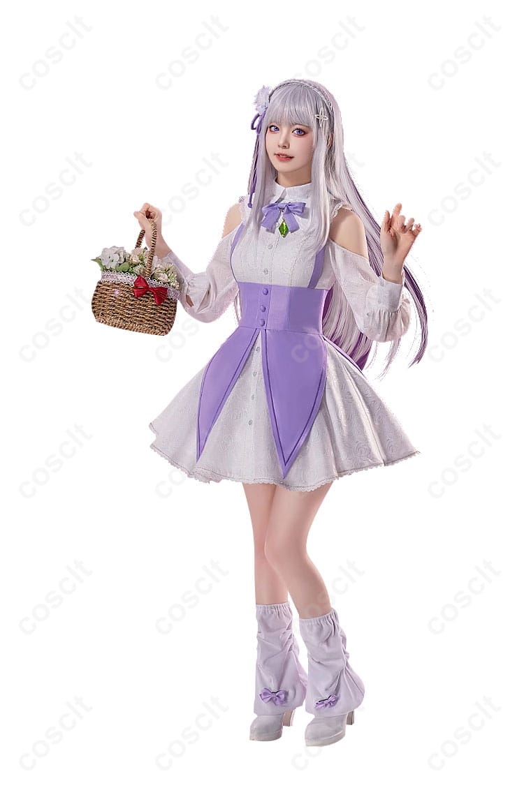 エミリア コスプレ衣装 正面の全身画像。Re:ゼロから始める異世界生活のエミリアを忠実再現したコスプレ衣装。