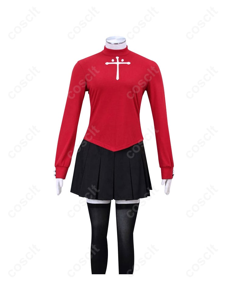 "Fate/stay night 遠坂凛 コスプレ衣装の正面。高品質な再現と詳細なデザインが特徴。コスプレイベントに最適な衣装。今すぐチェック！"
