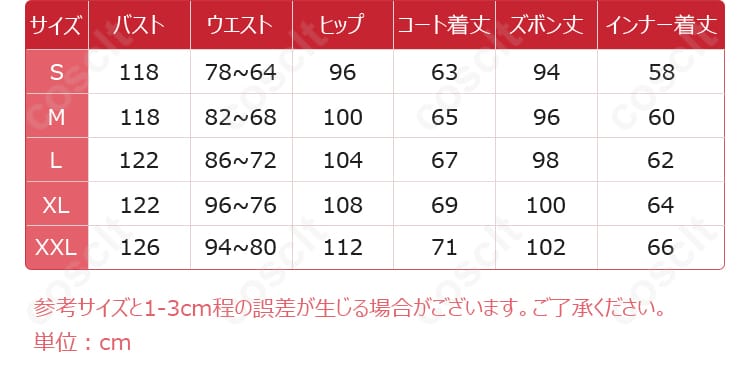 サイズガイド。お手持ちのサイズに合った衣装を選ぶための参考情報。