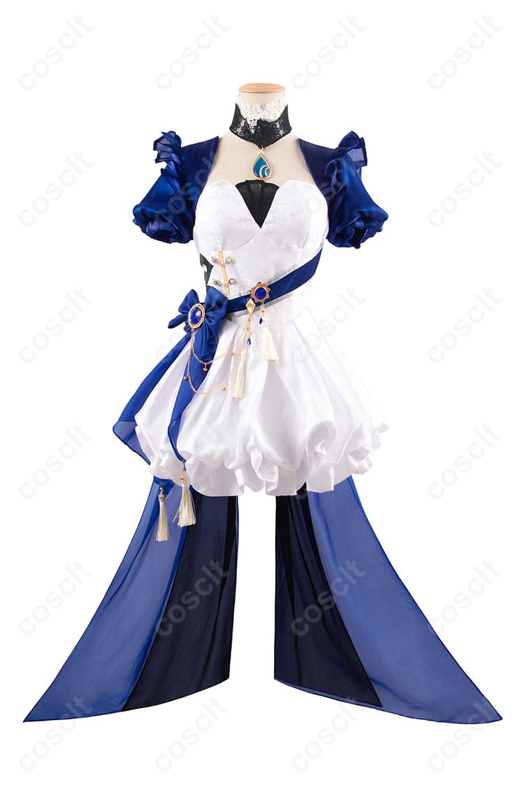 フリーナのコスプレ衣装（水色アリス同人衣装）の正面ビュー。原神のキャラクター、フリーナを忠実に再現したデザイン。美しい水色のワンピースで、コスプレに最適な衣装です。