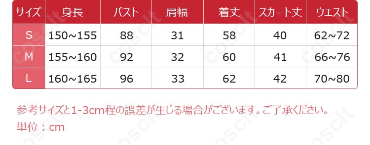 初音ミクコスプレ衣装のサイズ対応表。
