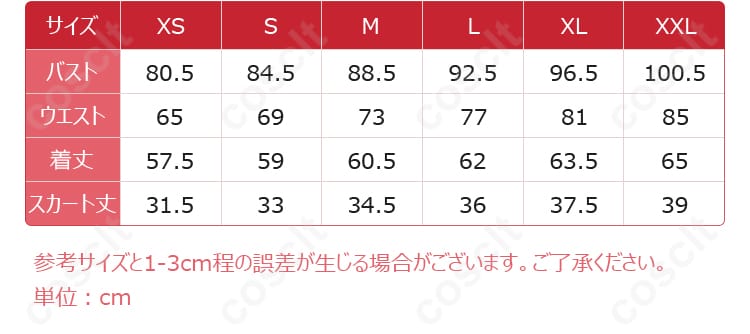 サイズと寸法の対応データ（プリズム 天宮りずむ コスプレ衣装 寸法データ）