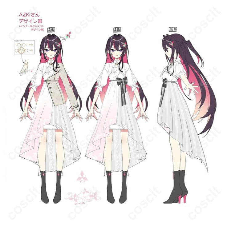 ホロライブのAZKiコスプレ衣装を着たキャラクターの正面画像。細部まで忠実に再現されたデザインが特徴。コスプレ通販で購入可能！