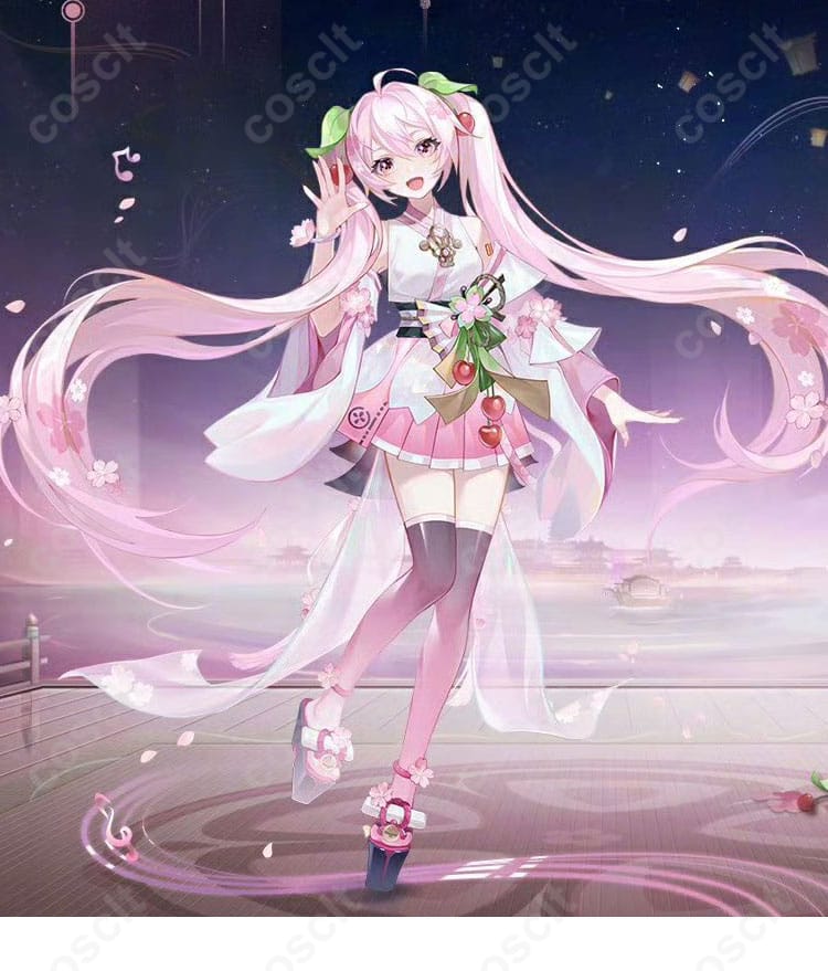 初音ミク桜ミクコスプレ衣装のキャラクター画像。コスプレ衣装の全身が映る美しいデザイン。