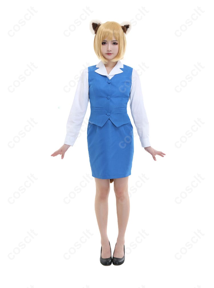 アグレッシブ烈子の烈子（レッサーパンダ）がコスプレ衣装を着た正面画像。細部まで再現された衣装のデザイン。