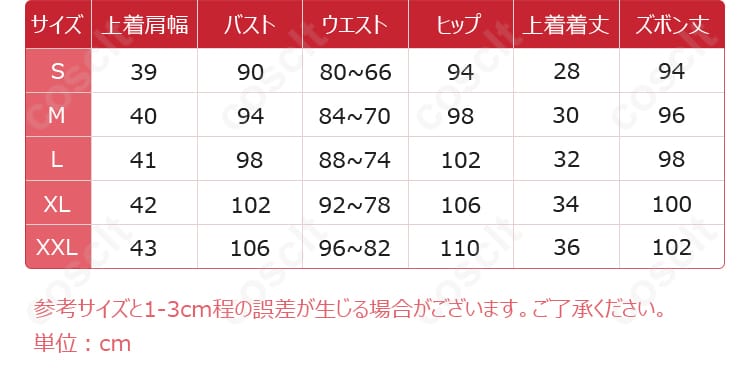 サイズと寸法の対応データ画像。自分にぴったりのサイズを選ぶための参考に。