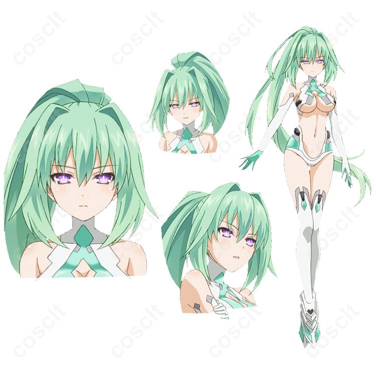 商品役キャラクターのベール（グリーンハート）のコスプレ衣装画像。ネプテューヌのキャラクターを忠実に再現。