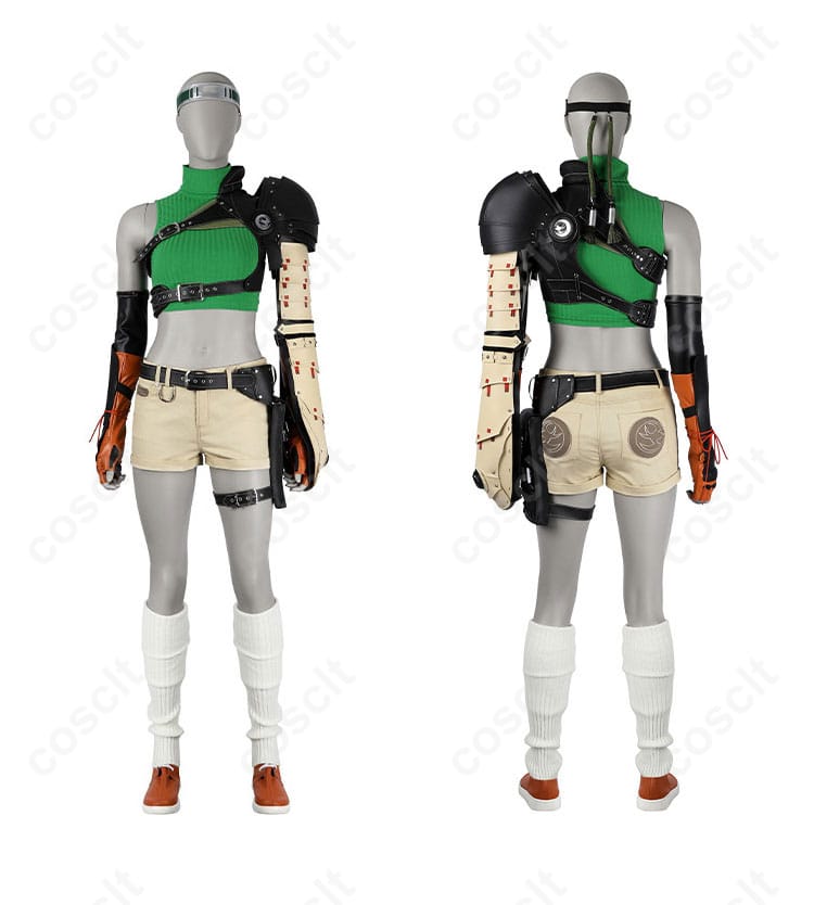 ユフィ・キサラギのコスプレ衣装の正面と背面のディテールを示す画像。