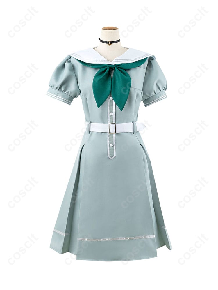 ラブライブ！蓮ノ空の夏制服ワンピースコスプレ衣装の正面画像。スカーフ、ベルト、チョーカーが特徴的なデザインです。