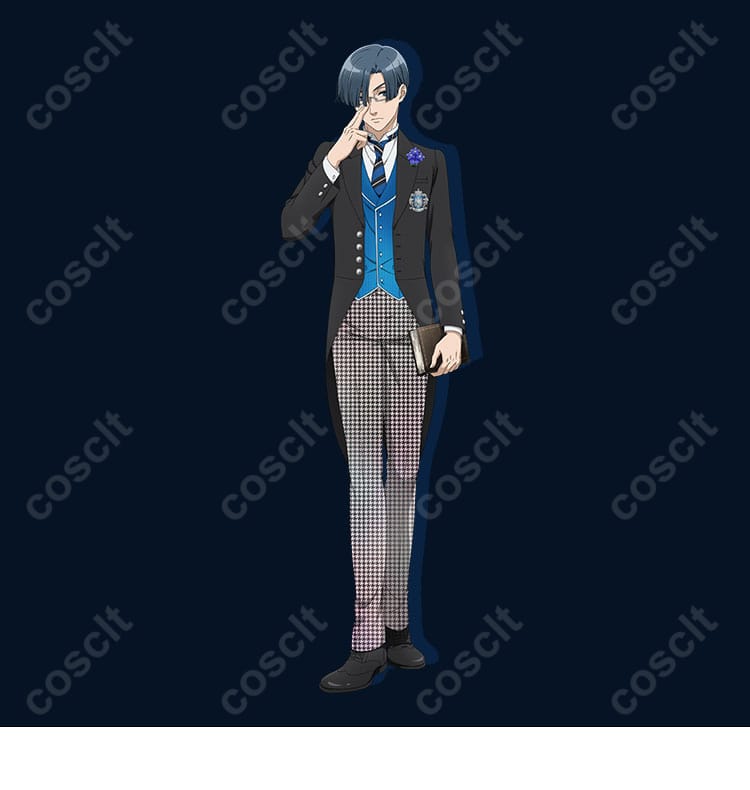 商品キャラクターのロレンス・ブルーアーのコスプレ衣装の全身画像。『黒執事』の忠実再現。