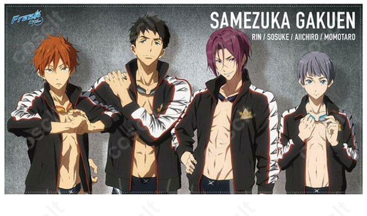 Free!シリーズの松岡凛、山崎宗介、似鳥愛一郎が着用した鮫柄学園水泳部ジャージのコスプレ衣装。キャラクターの魅力が引き立つデザイン。