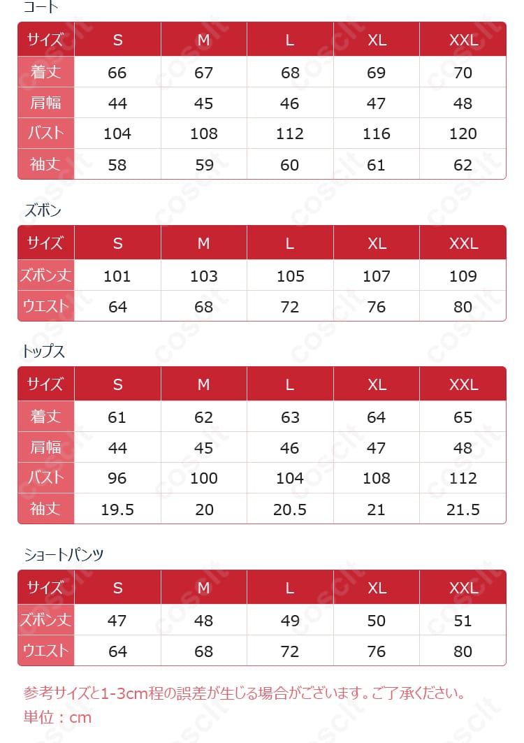 立海大学ジャージコスプレ衣装のサイズ対応表、購入前に確認