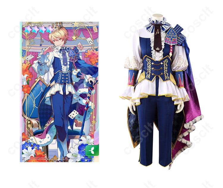プロジェクトセカイ 天馬司 コスプレ衣装 正面とキャラクター画像。キャラクターの特徴を忠実に再現したコスプレ衣装の正面。