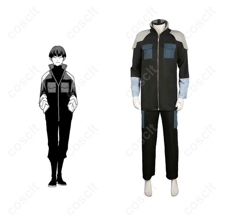 怪獣8号 保科宗四郎 コスプレ衣装 正面とキャラクターの写真。キャラクターの特徴的な装いを忠実に再現したコスプレ衣装です。