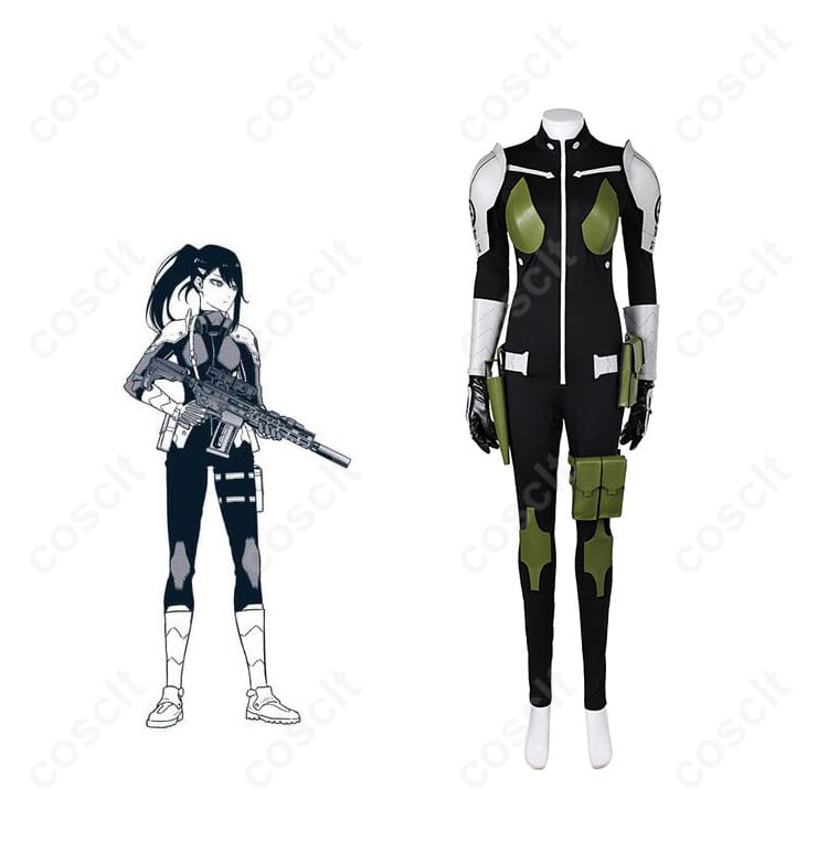 亜白ミナ コスプレ衣装とキャラクターの融合イメージ。怪獣8号の戦闘服、ジャンプスーツと肩鎧のデザインが特徴的です。