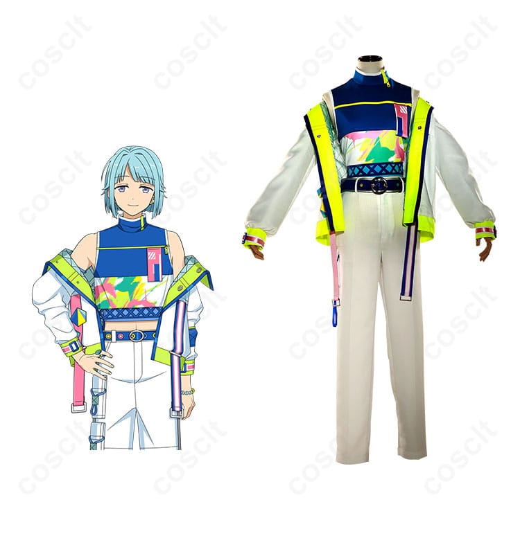 商品正面とキャラクターの組み合わせ画像。あんさんぶるスターズ!! 紫之創、春川宙、真白友也、朱桜司のコスプレ衣装を正面から見た様子。