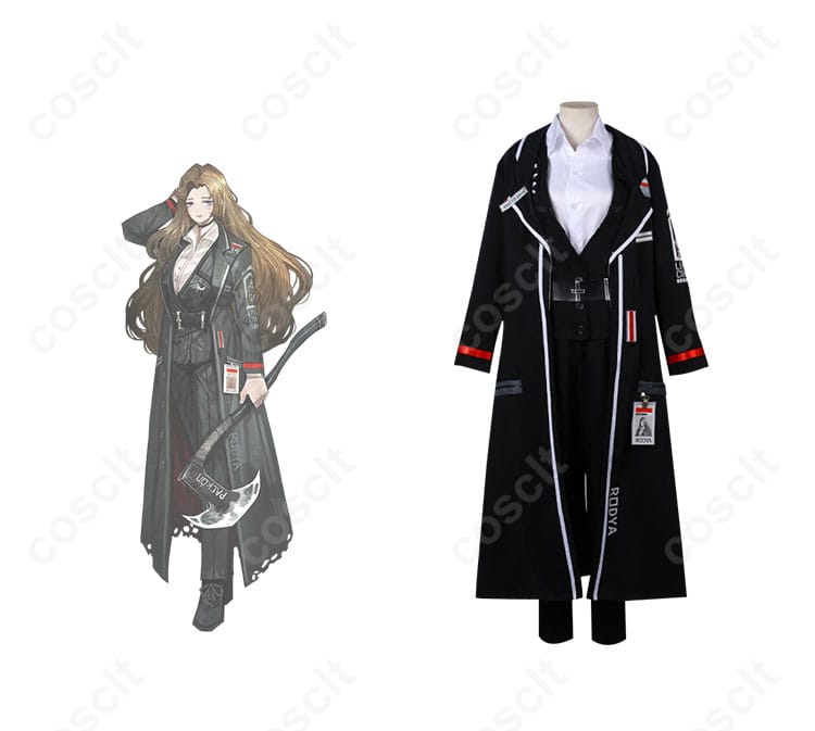 Limbus Company ロージャのコスプレ衣装の正面とキャラクターを組み合わせた画像。リアルなデザインが忠実に再現されています。