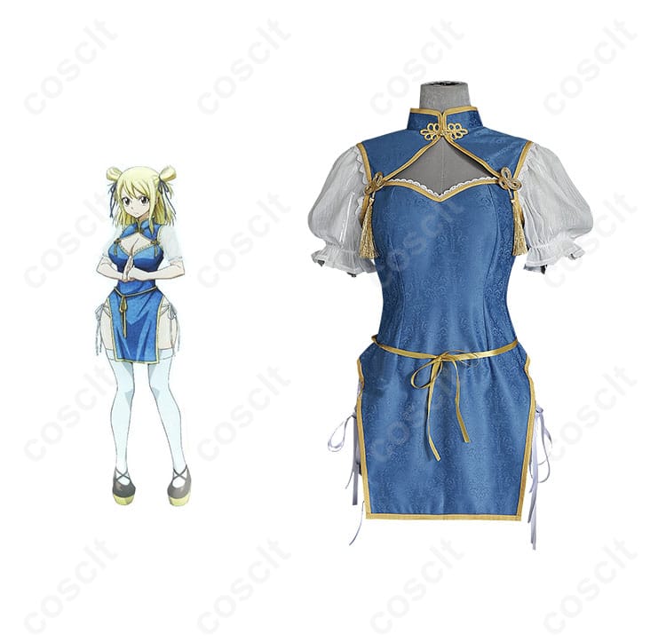 ルーシィ・ハートフィリア コスプレ衣装（チャイナドレス）とキャラクターの画像。アニメ『FAIRY TAIL』のルーシィを忠実に再現。