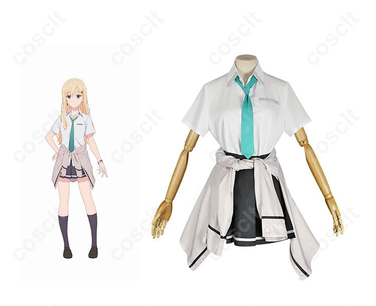 商品正面とキャラクターが組み合わさった画像 - 綾瀬沙季のコスプレ衣装を忠実に再現した正面の画像。コスプレ衣装の高い再現度が特徴です。