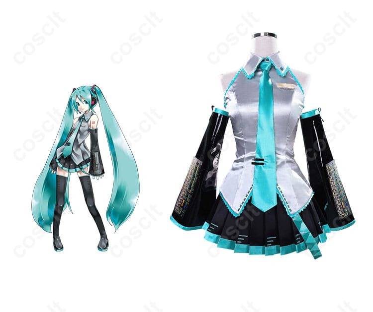 商品正面と初音ミクのキャラクターが一緒に写った画像 | 初音ミク コスプレ衣装の正面ビュー