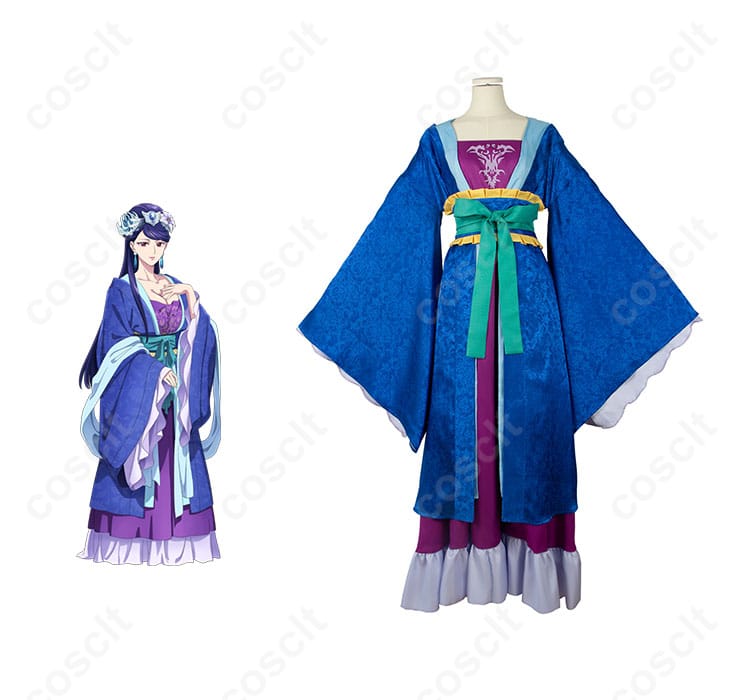 商品正面と梨花妃のキャラクターが一緒に写っている画像。コスプレ衣装の正面全体像と忠実再現が特徴。コスプレ通販。