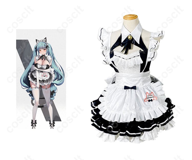 プリバティのアンカインド・メイドコスプレ衣装（猫耳付き）正面とキャラクターの組み合わせ、可愛さ際立つデザイン
