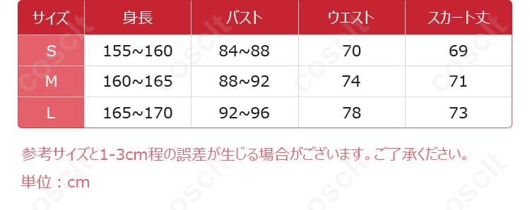サイズと寸法に対応するデータ、プリバティコスプレ衣装のフィット感を確認