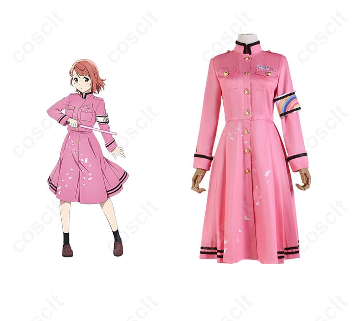 ラブライブ！虹ヶ咲学園の中須かすみのコスプレ衣装正面とキャラクターの組み合わせ写真。高い再現度で魅力的なデザイン。