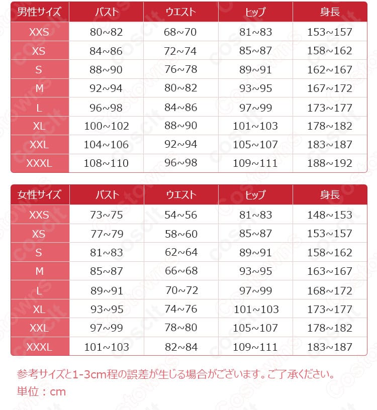 ALONEコスプレ衣装のサイズガイド。サイズ選びに役立つサイズ対応表が示されている。