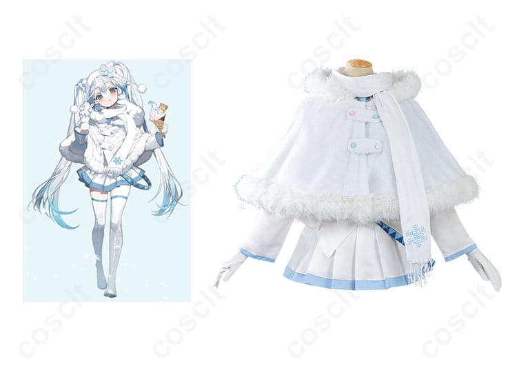 雪ミク コスプレ衣装 2024 × 三越コラボ 雪ミクキャラクターとのコラボイメージ。高還元で再現された衣装。コスプレ衣装通販で購入。