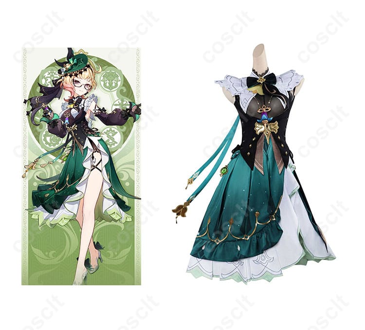 商品キャラクター「エミリエ（調香師）」のコスプレ衣装、原神キャラクターの美しいデザインを忠実に再現した画像。
