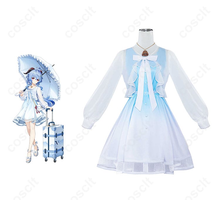 甘雨（カンウ）のコスプレ衣装を着たモデルとキャラクターが一緒に映った画像。コスプレ衣装の精緻なディテールが見どころです。