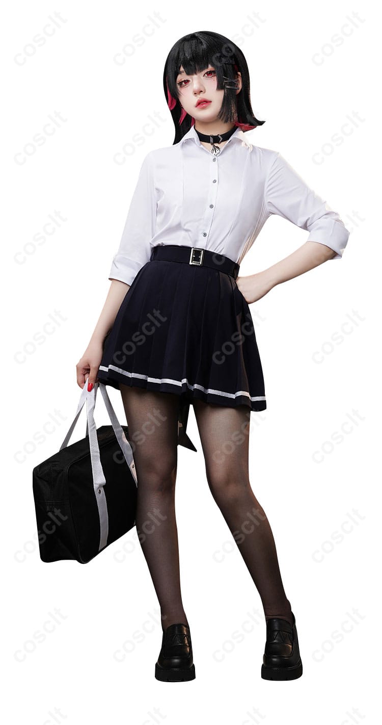 ゼンレスゾーンゼロ エレン・ジョー 制服 コスプレ衣装の人物着用正面画像。キャラクターになりきれるクオリティの高さを実感！