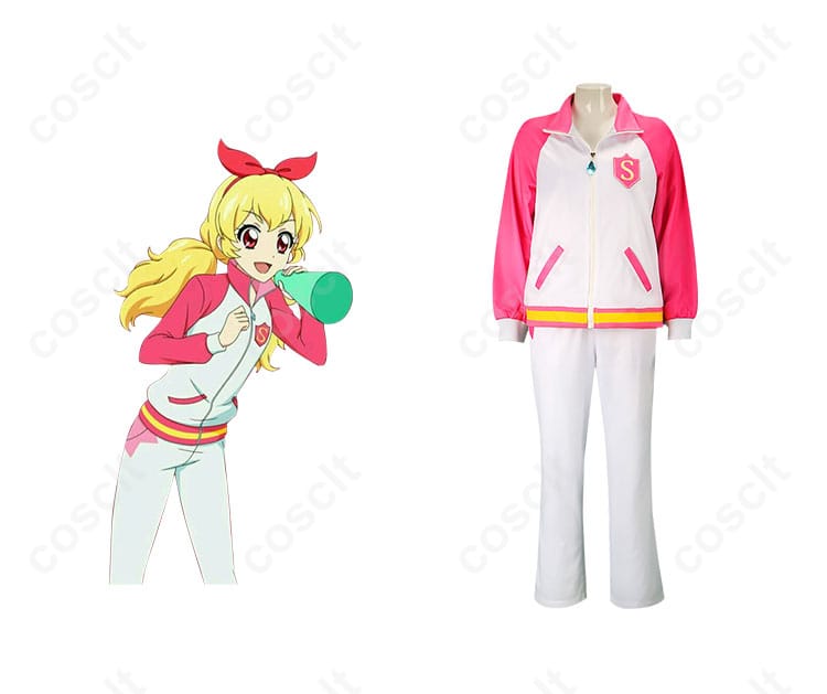 アイカツ！のスターライト学園スクールジャージコスプレ衣装とキャラクターの人物が一緒に写っている画像。高い再現度でキャラクターの魅力を忠実に再現。