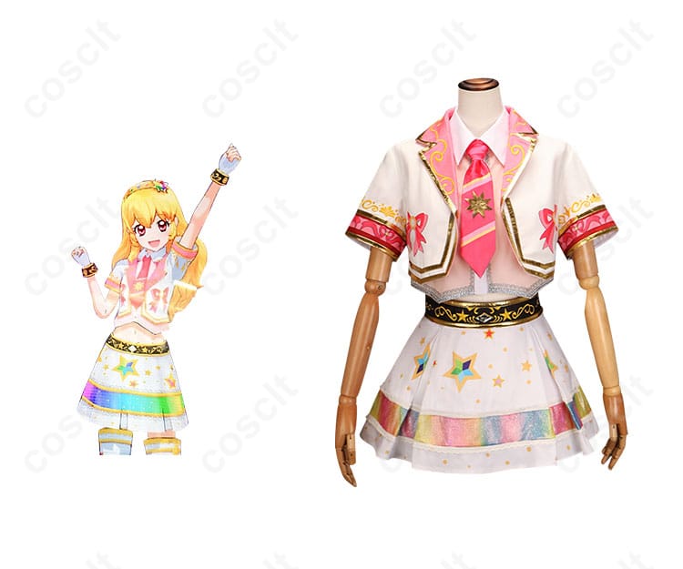 商品正面とキャラクター星宮いちごのコスプレ衣装の組み合わせ図。アイカツオンパレード！ 星宮いちご コスプレ衣装を着た人物の画像。