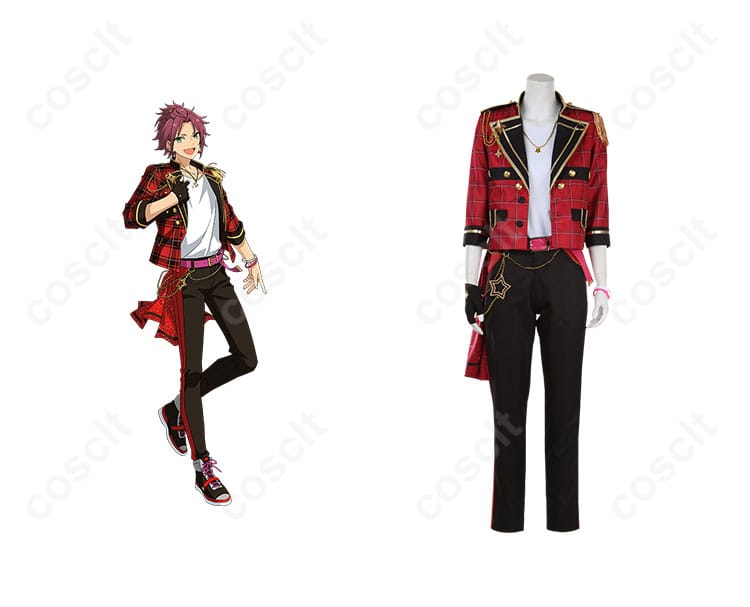 商品正面とキャラクター衣更真緒のコスプレ衣装が組み合わさった画像。Trickstar衣装の特徴が分かりやすい。