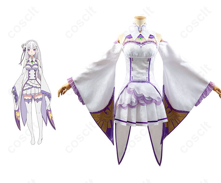 商品正面とエミリアのキャラクターイメージを組み合わせたコスプレ衣装の写真。リゼロ エミリア コスプレ衣装